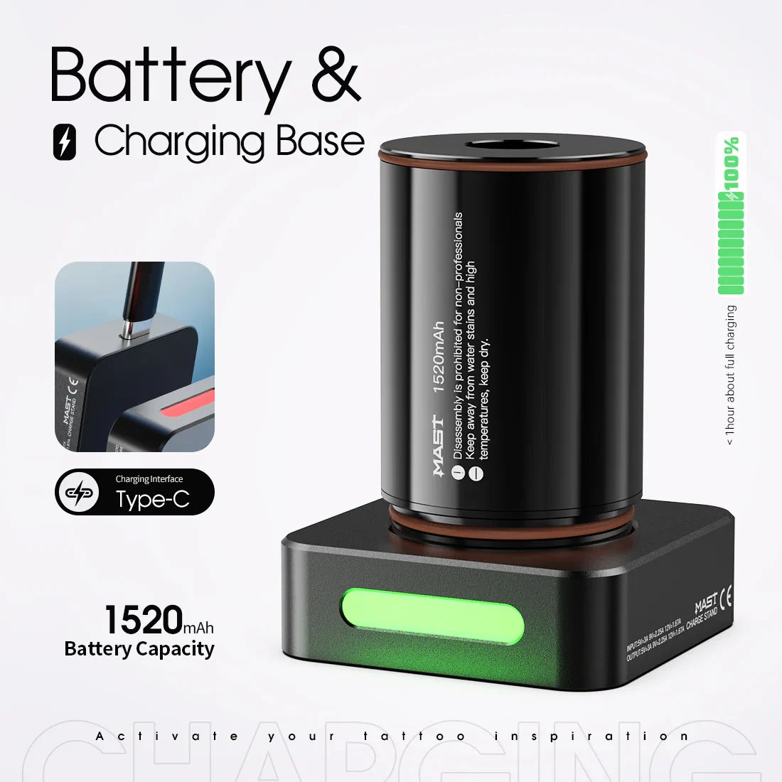 Original Battery&Charging Base For Mast Racer Pro Wireless Tattoo