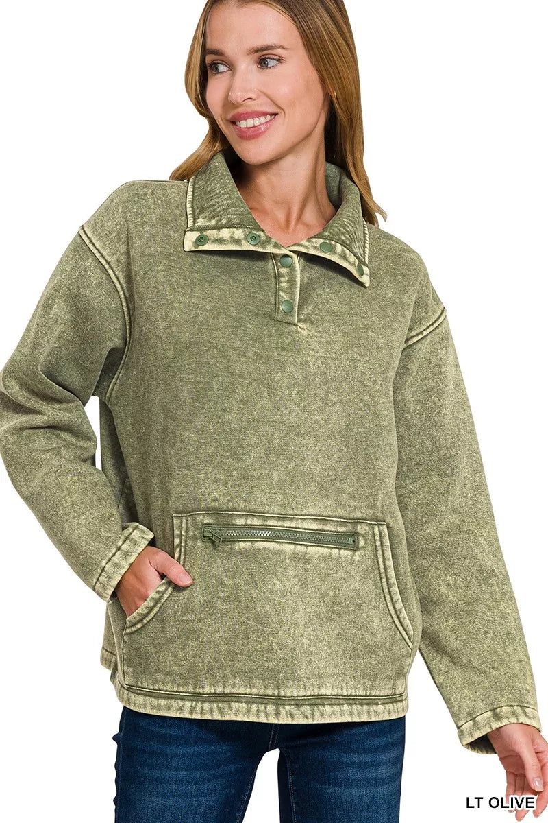 Zenana Fleece Washed High Neck Kangaroo Pocket Sweatshirt