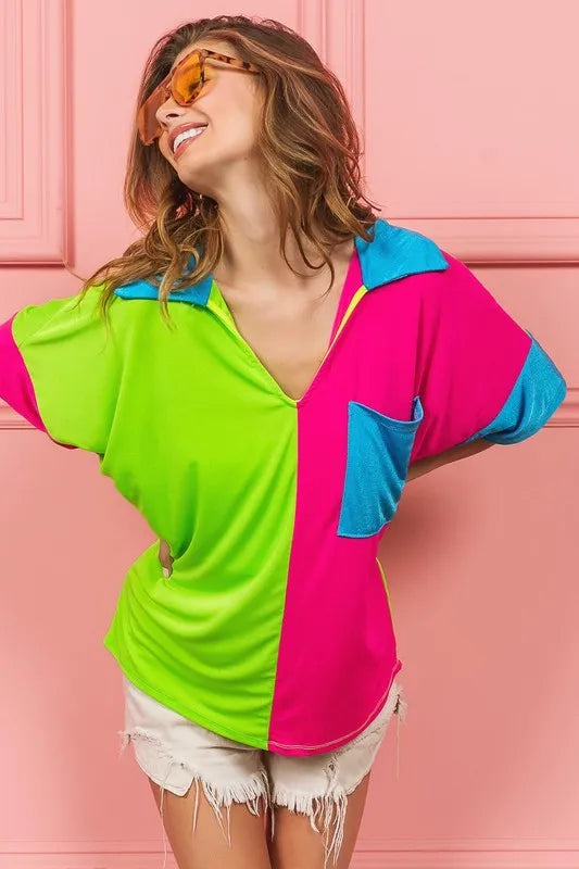 BiBi Slinky Knit Color Block V Neck Front Top