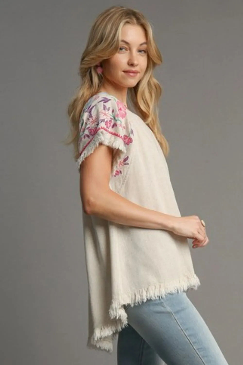 Umgee Full Size Linen Round Neck High Low Hem Frayed Top Plus