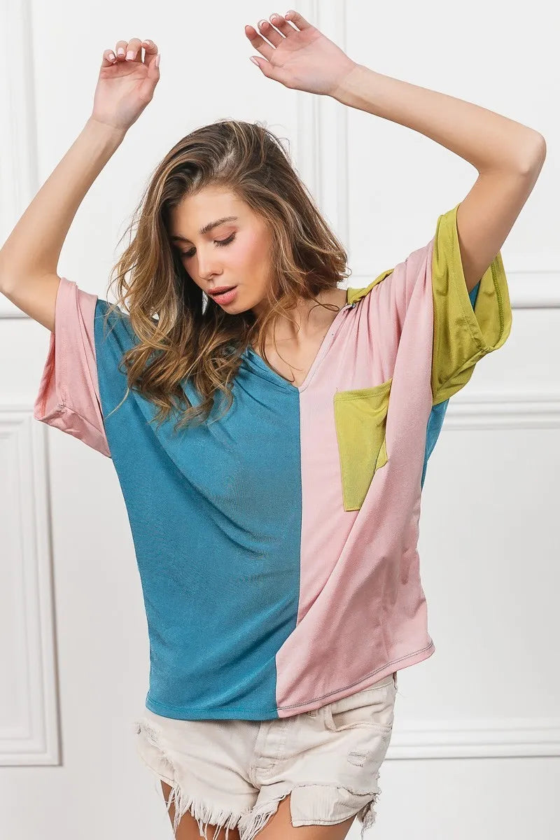 BiBi Slinky Knit Color Block V Neck Front Top