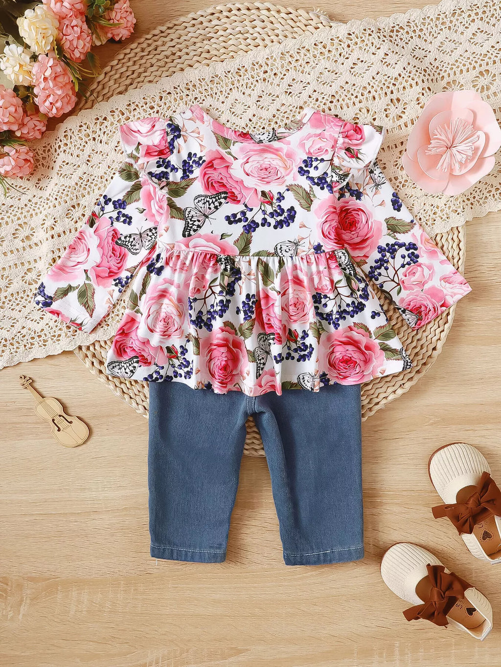 Children's Floral Ruffle Trim Top & Distressed Jeans Set