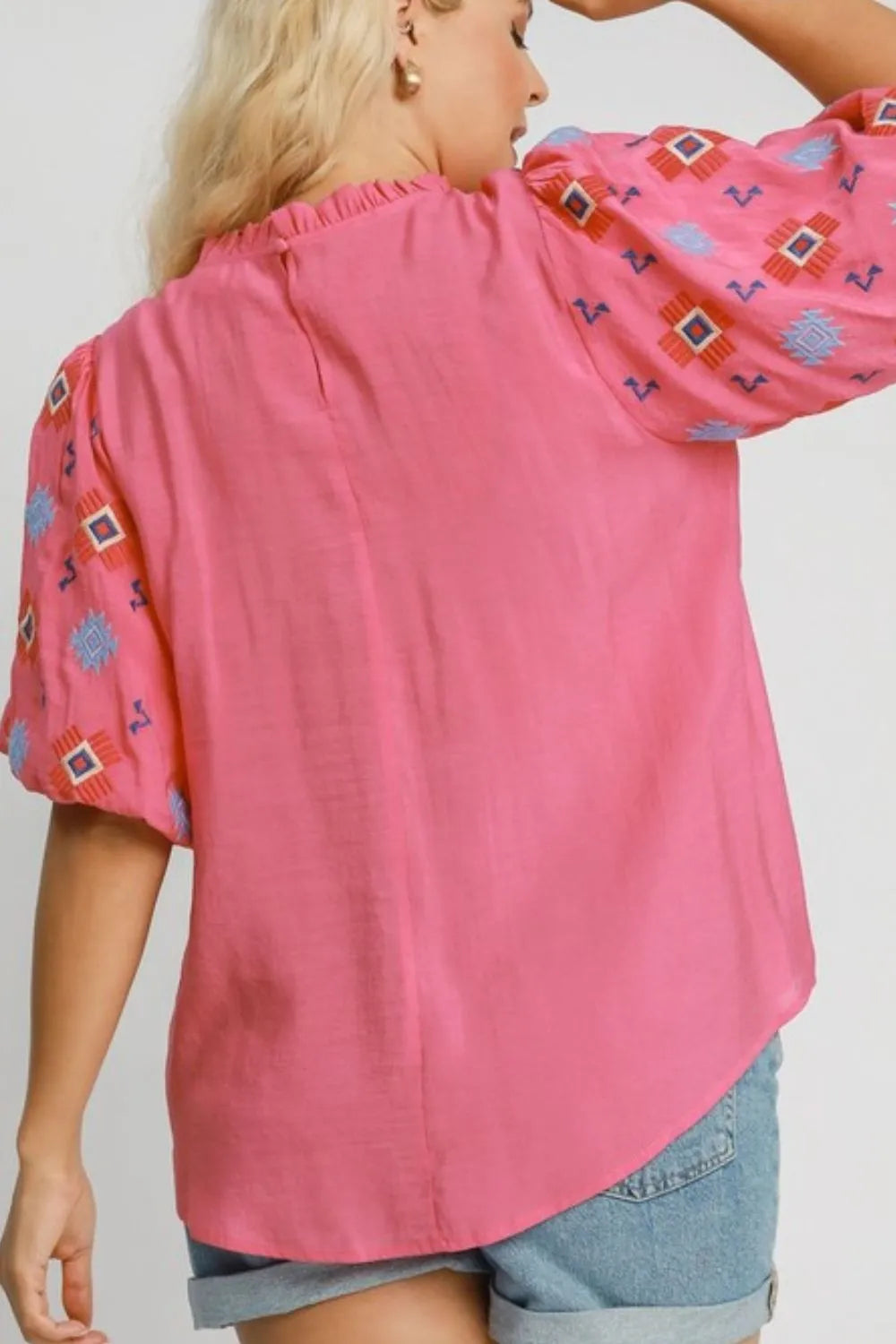 Umgee Full Size Embroidered Puff Sleeve Mock Neck Top Plus Size