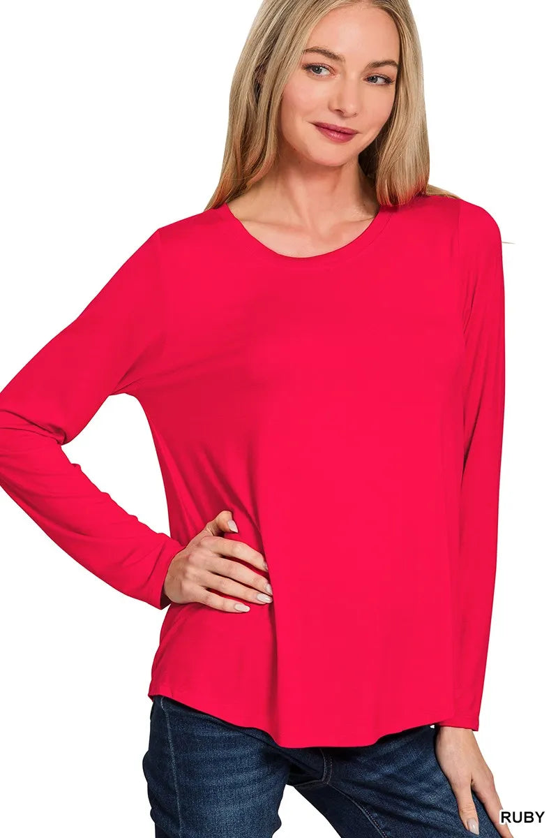 Zenana Flowy Round Hem Rayon Long Sleeve Top