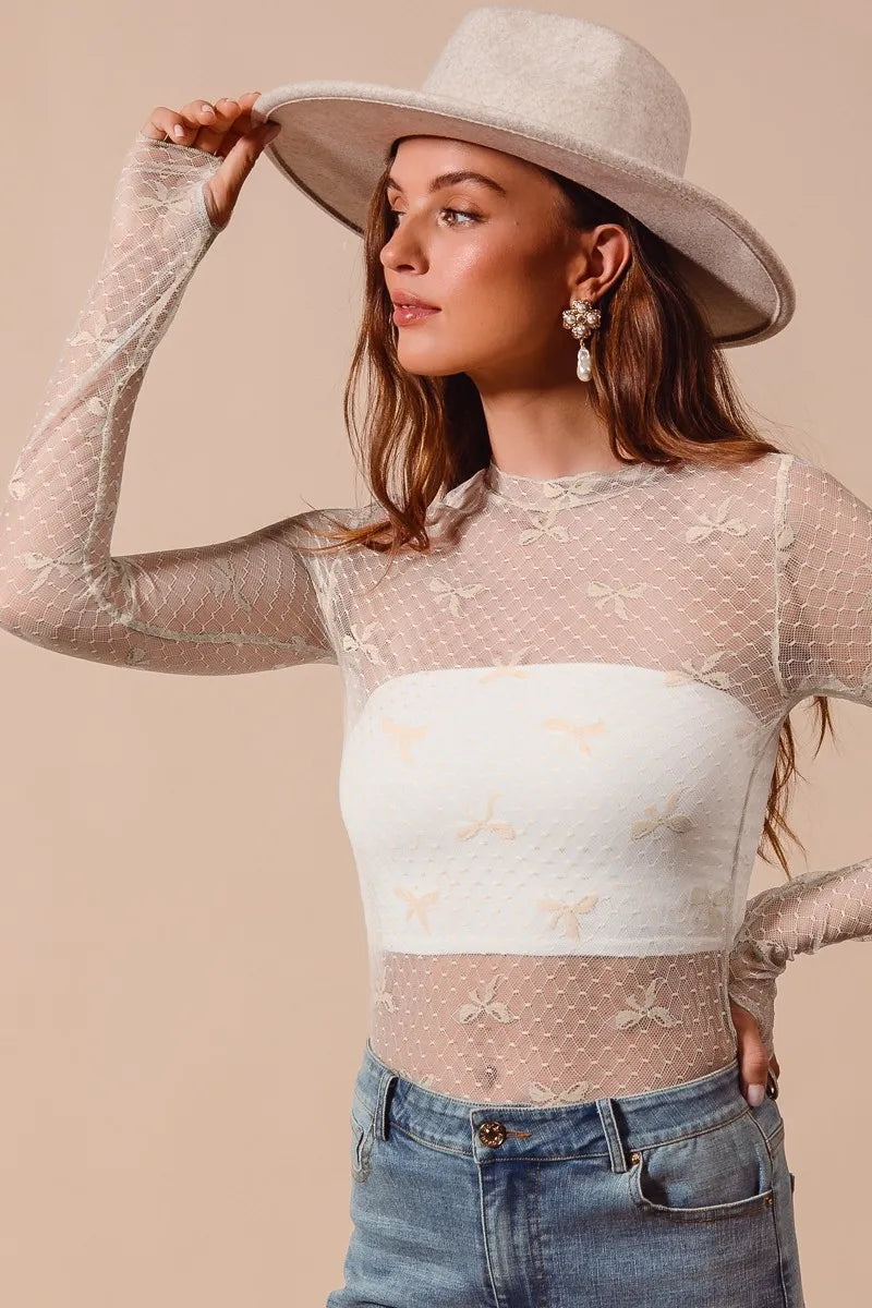 SO ME Bow Ribbon Pattern Sheer Lace Top