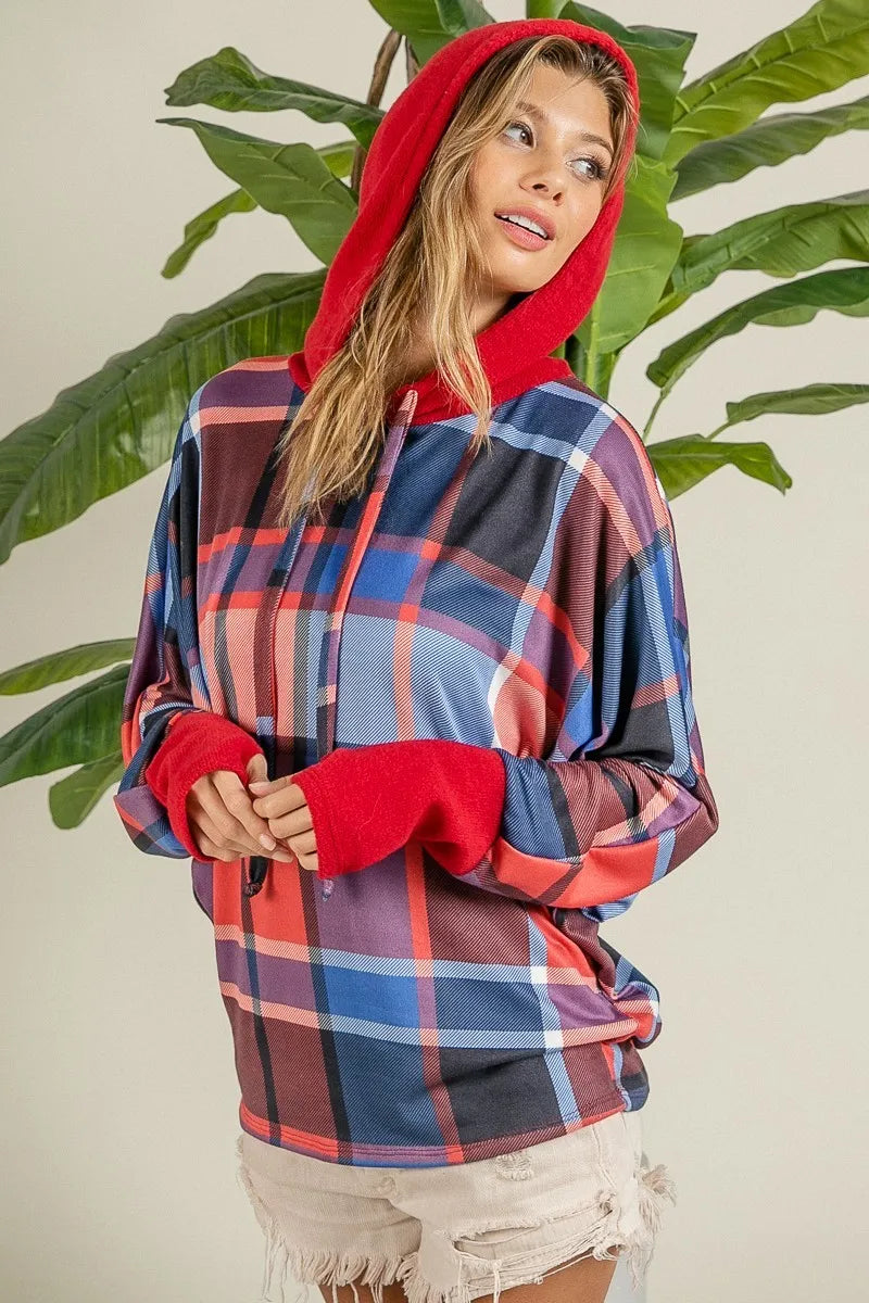 BiBi Plaid Mirr Brushed Rib Contrast Thumb Open Hoodie