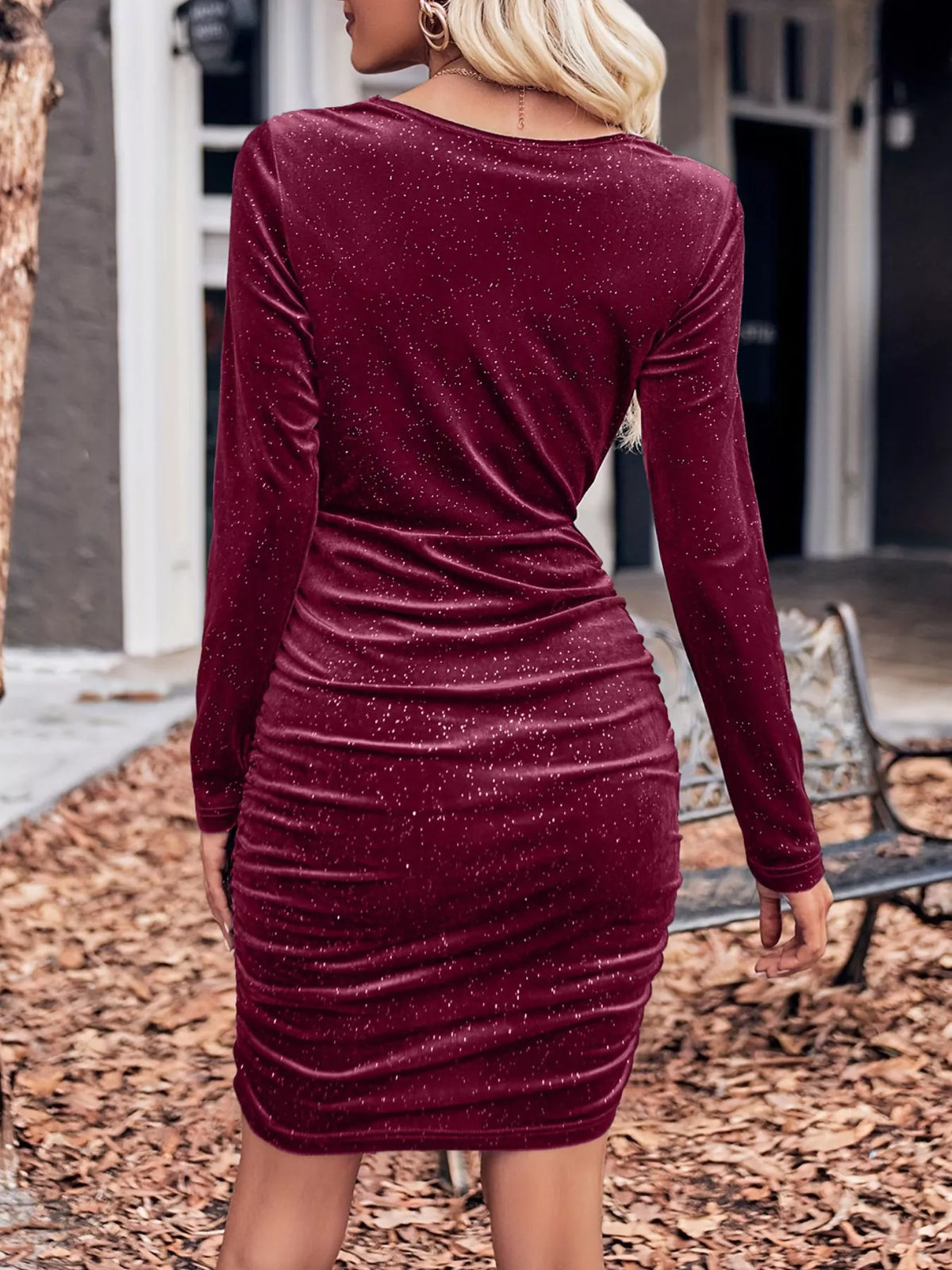 Velvet Cowl Neck Ruched Bodycon Dress