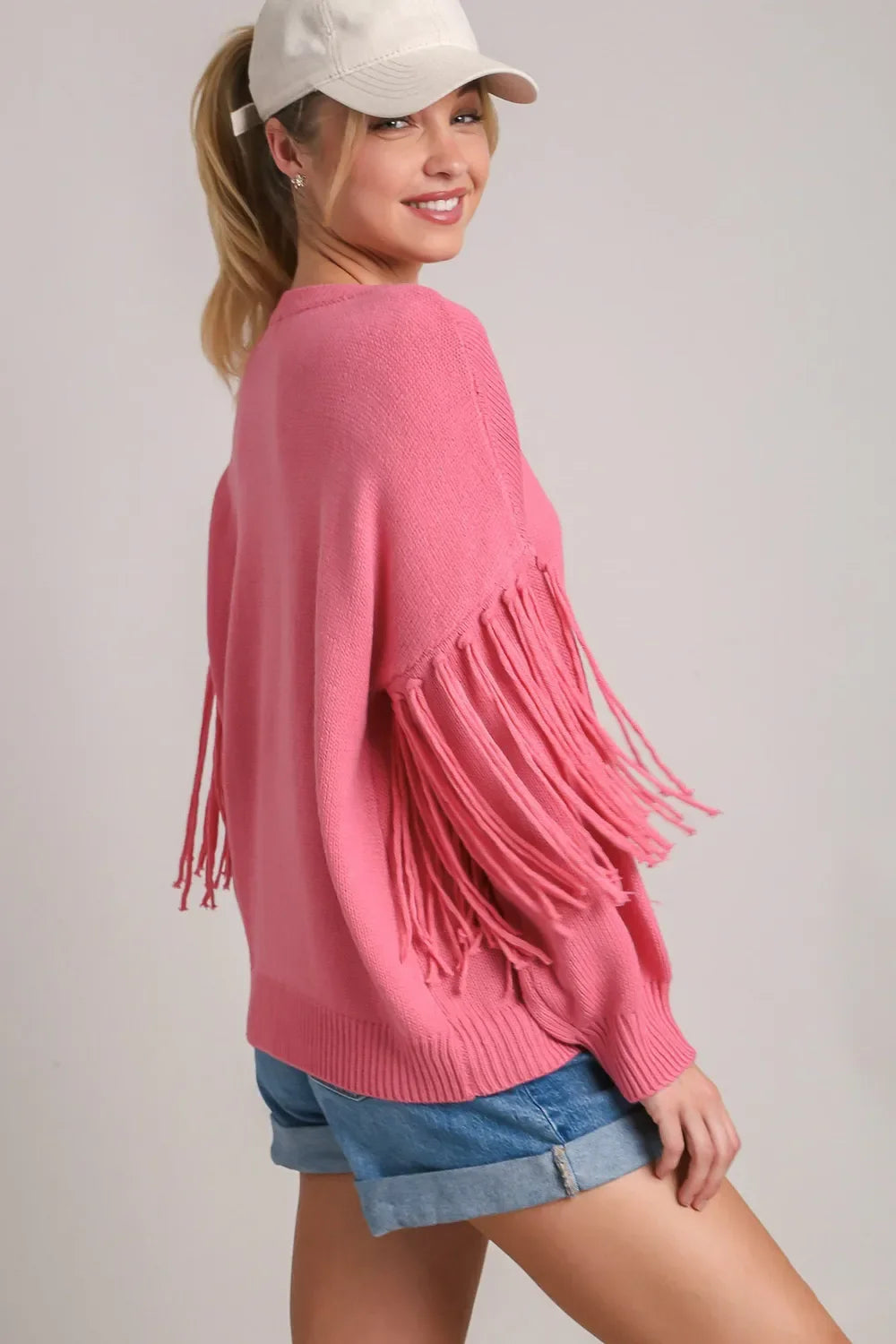 Umgee Full Size Fringe Round Neck Long Sleeve Sweater Plus Size