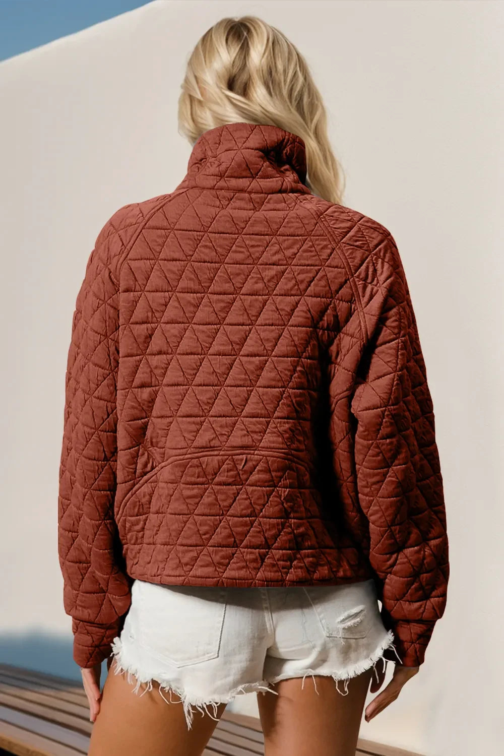 Double Take Half Zip Long Sleeve Quilted Sweatshirt With Pocket