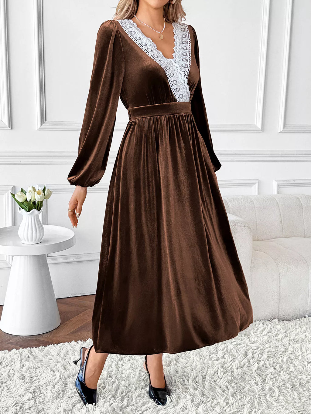 Velvet A-Line Dress with Lace Trim