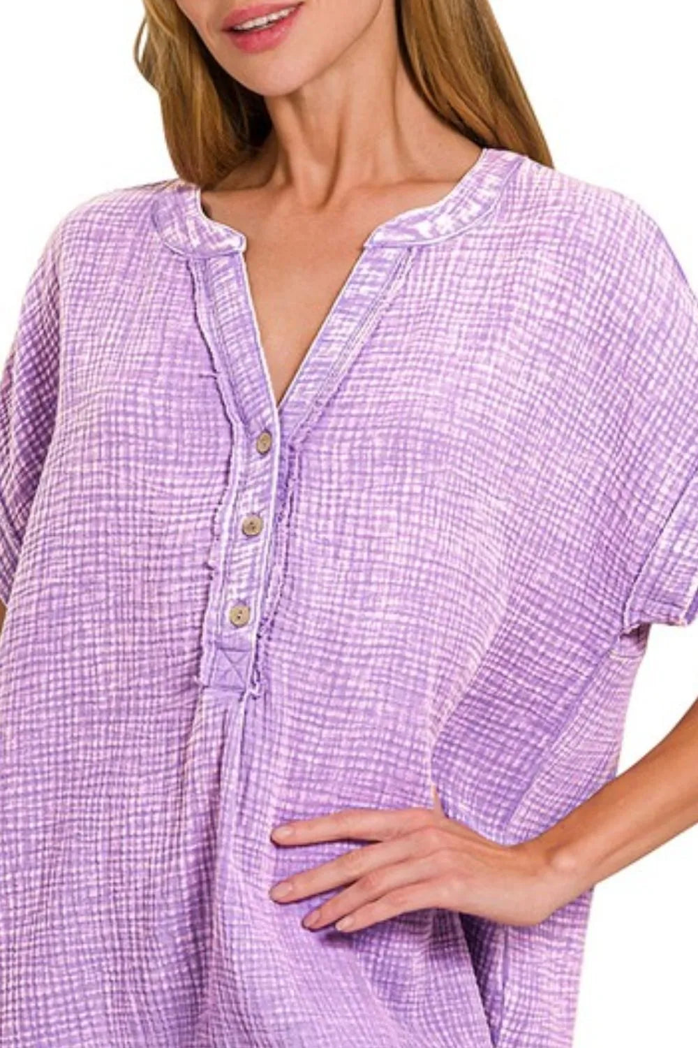 Zenana Washed Double Gauze 3/4 Button Henley Neck Shirt
