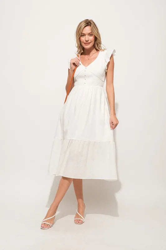 And The Why Ruffle Sleeve Front Smocked Tiered Midi Dress