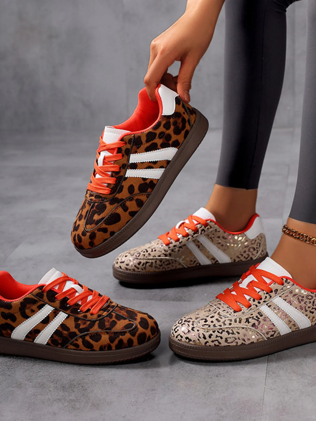 Leopard Print Stripe Detail Lace-up Sneakers