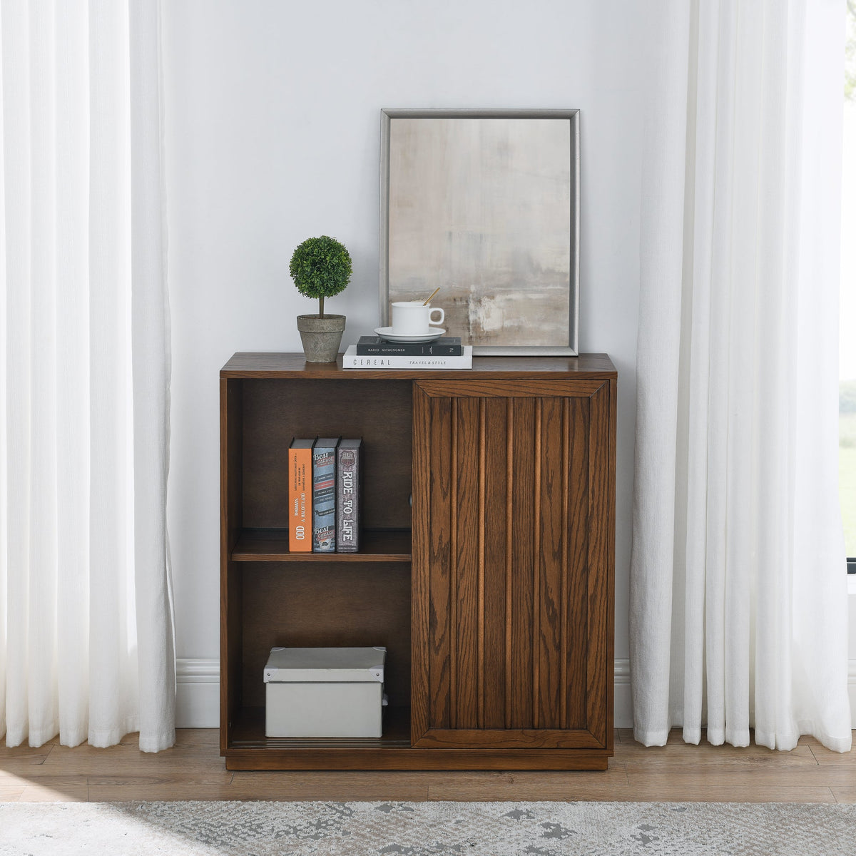 Medieval side panel with 2 sliding doors and solid wood decorative strips, storage cabinet
