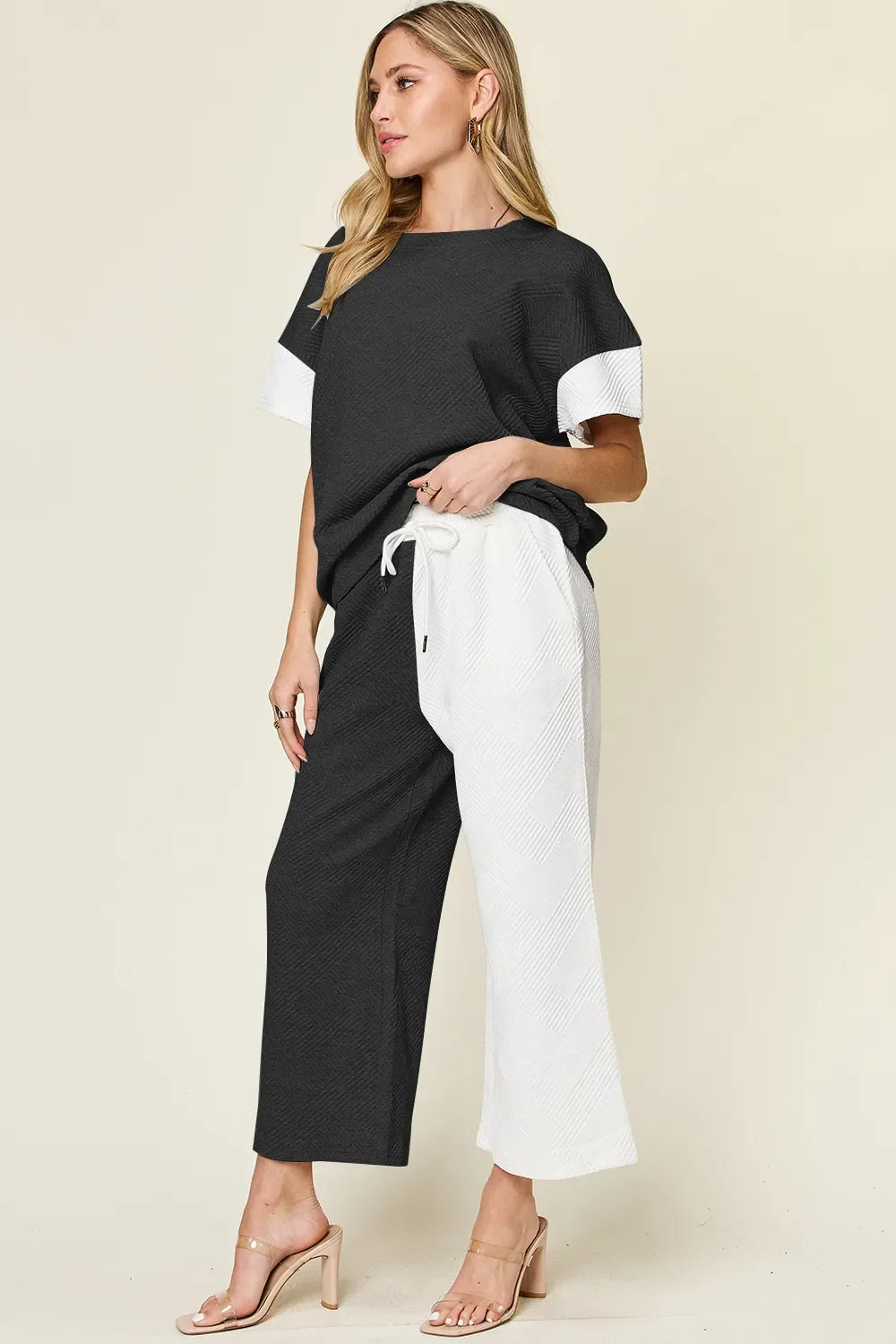 Double Take Full Size Texture Contrast T-Shirt and Wide Leg Pants Set
