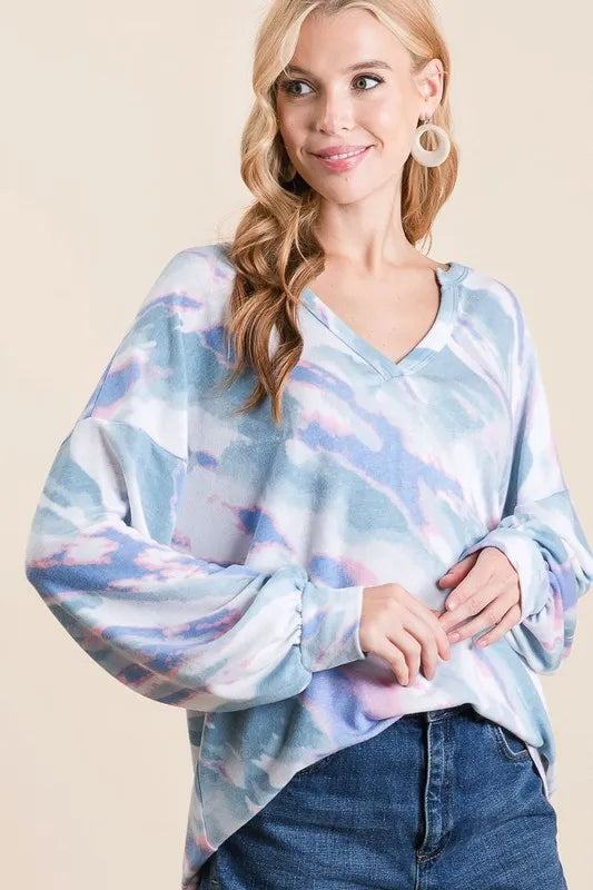 BiBi Tie Dye French Terry Top with Balloon Sleeves