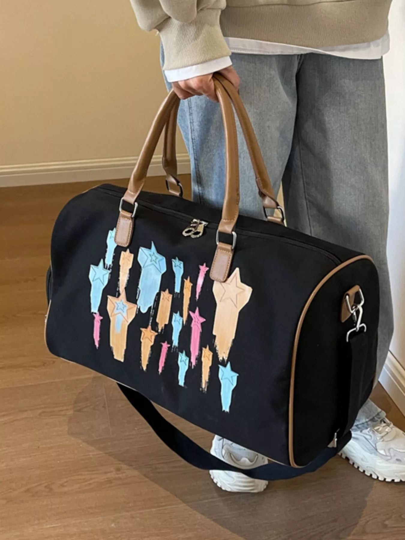 Canvas Duffle Bag with Shooting Star Print