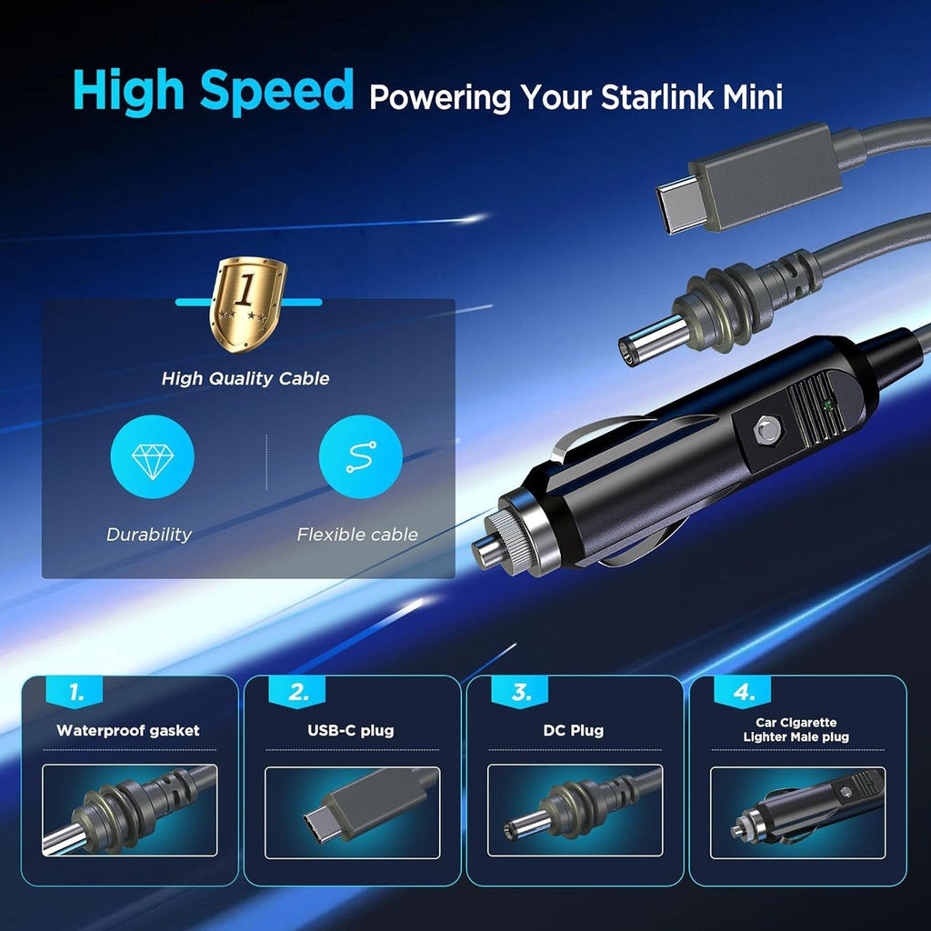 3-in-1 Power Cable Starlink Mini Car Usb-c DC Input 2M-5M