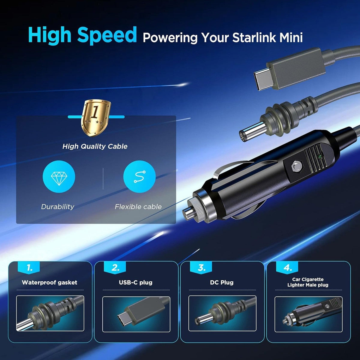3-in-1 Power Cable Starlink Mini Car Usb-c DC Input 2M-5M