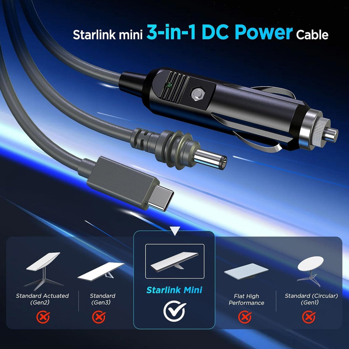 3-in-1 Power Cable Starlink Mini Car Usb-c DC Input 2M-5M