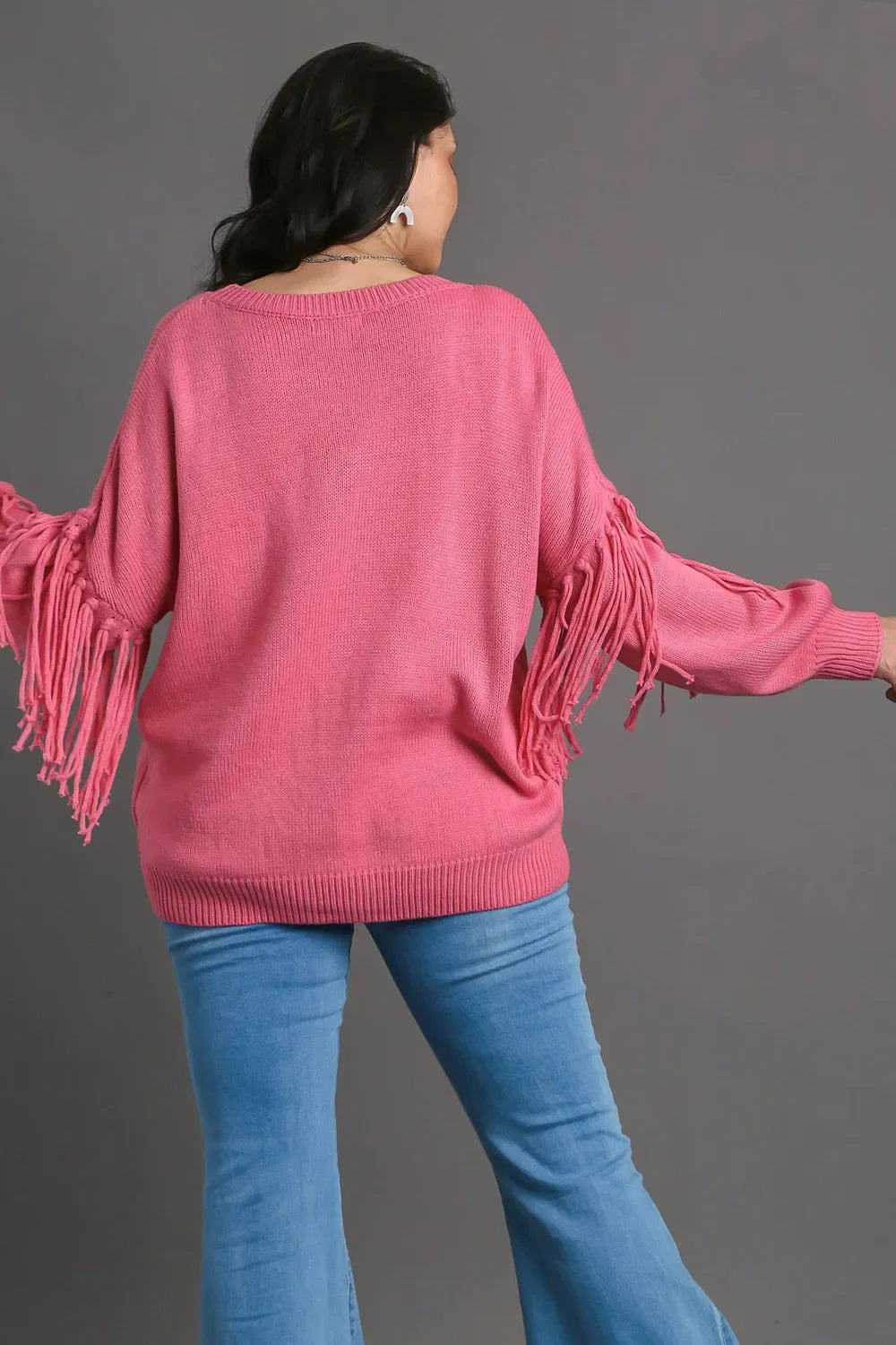 Umgee Full Size Fringe Round Neck Long Sleeve Sweater Plus Size