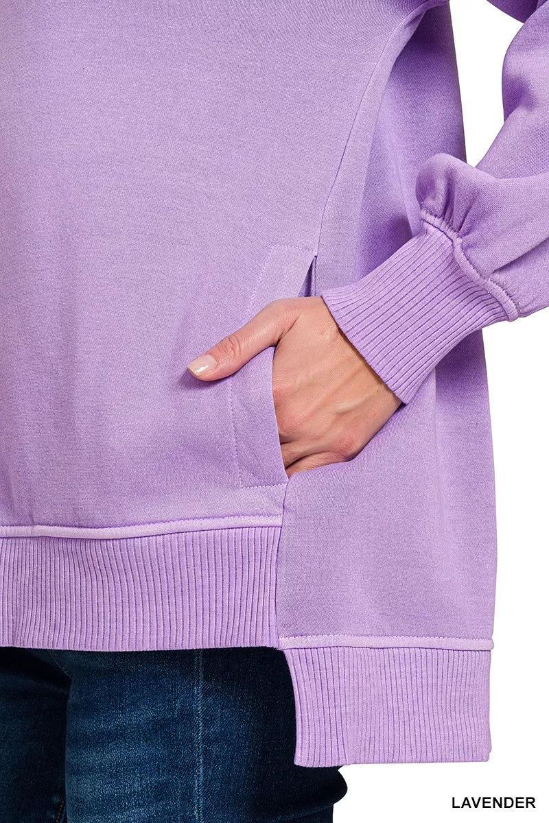 Zenana Pigment Dye Fleece Hi-low Hem Sweatshirt With Pocket