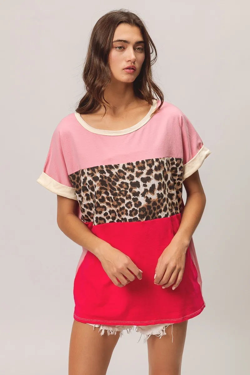 BiBi Leopard Printed Jersey  Color Block Roll Up
