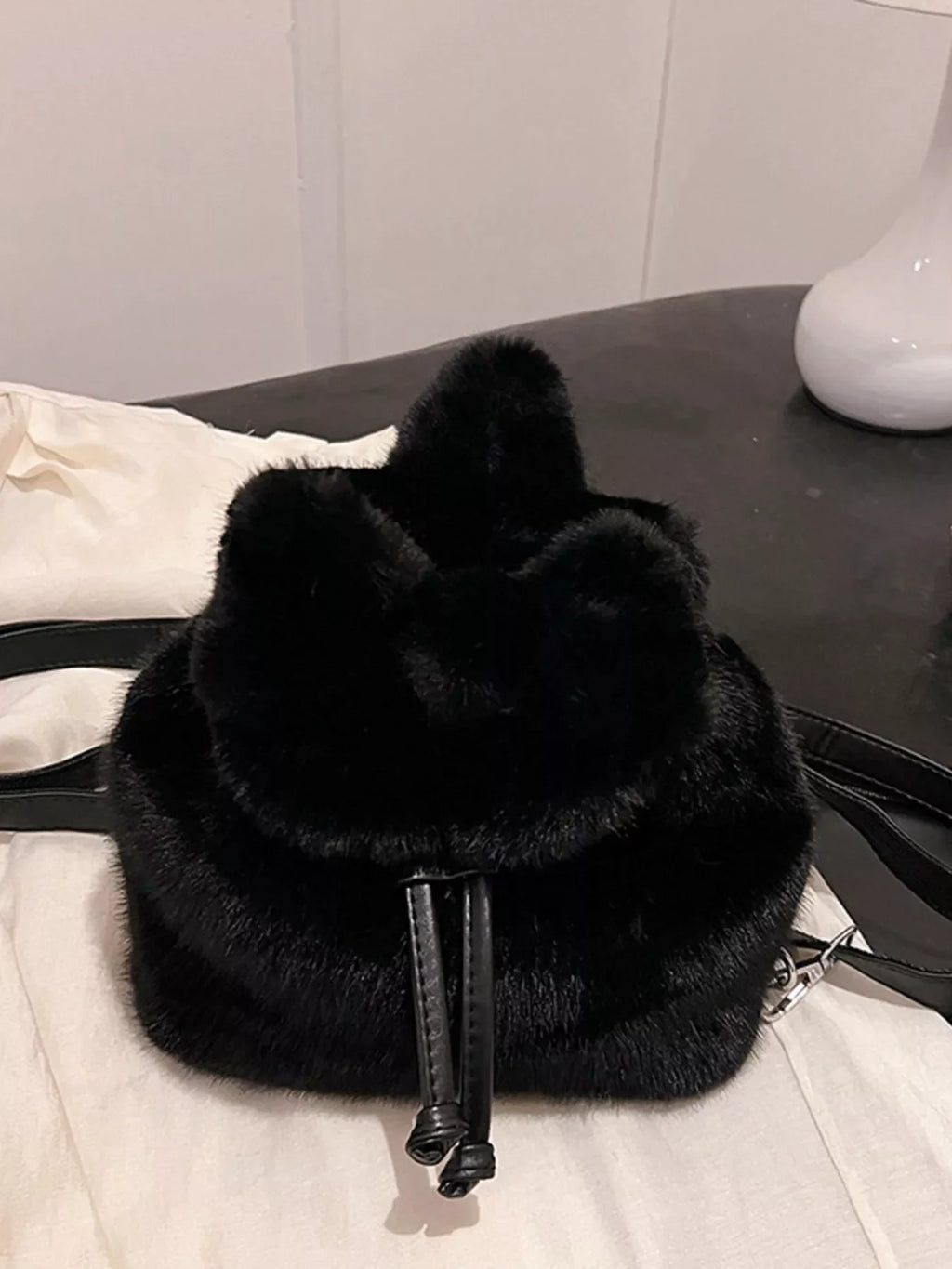 Fuzzy Plush Drawstring Backpack Bag