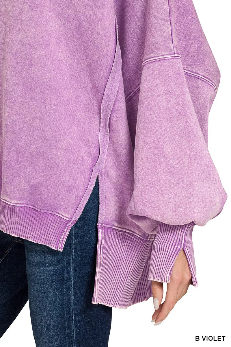 Zenana Acid Washed Batwing Sleeve Fleece Sweatshirt