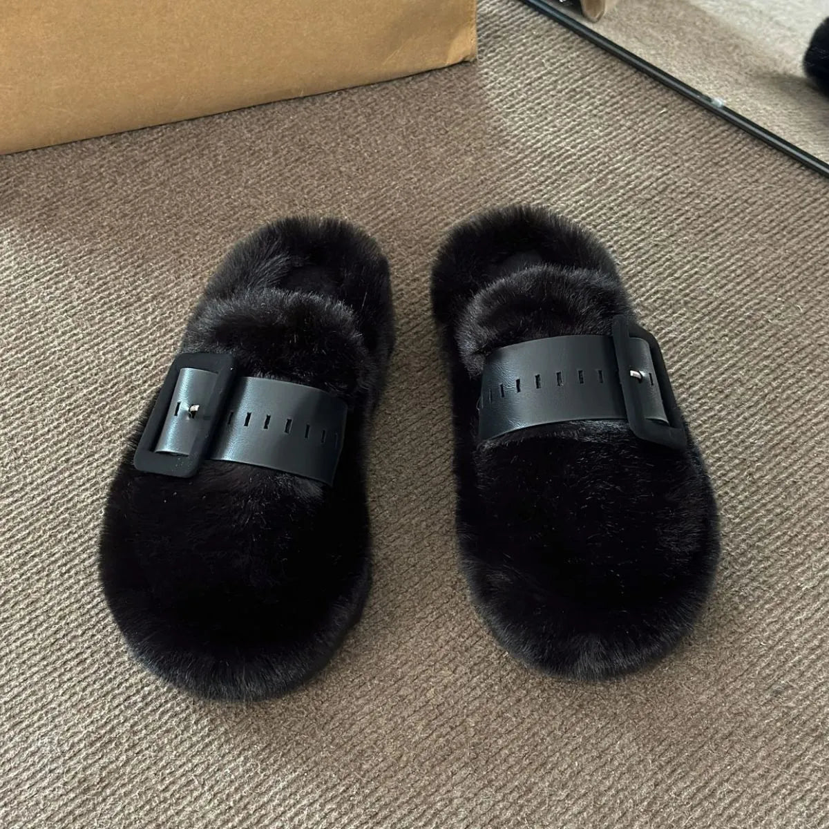Faux Fur Buckle Slippers