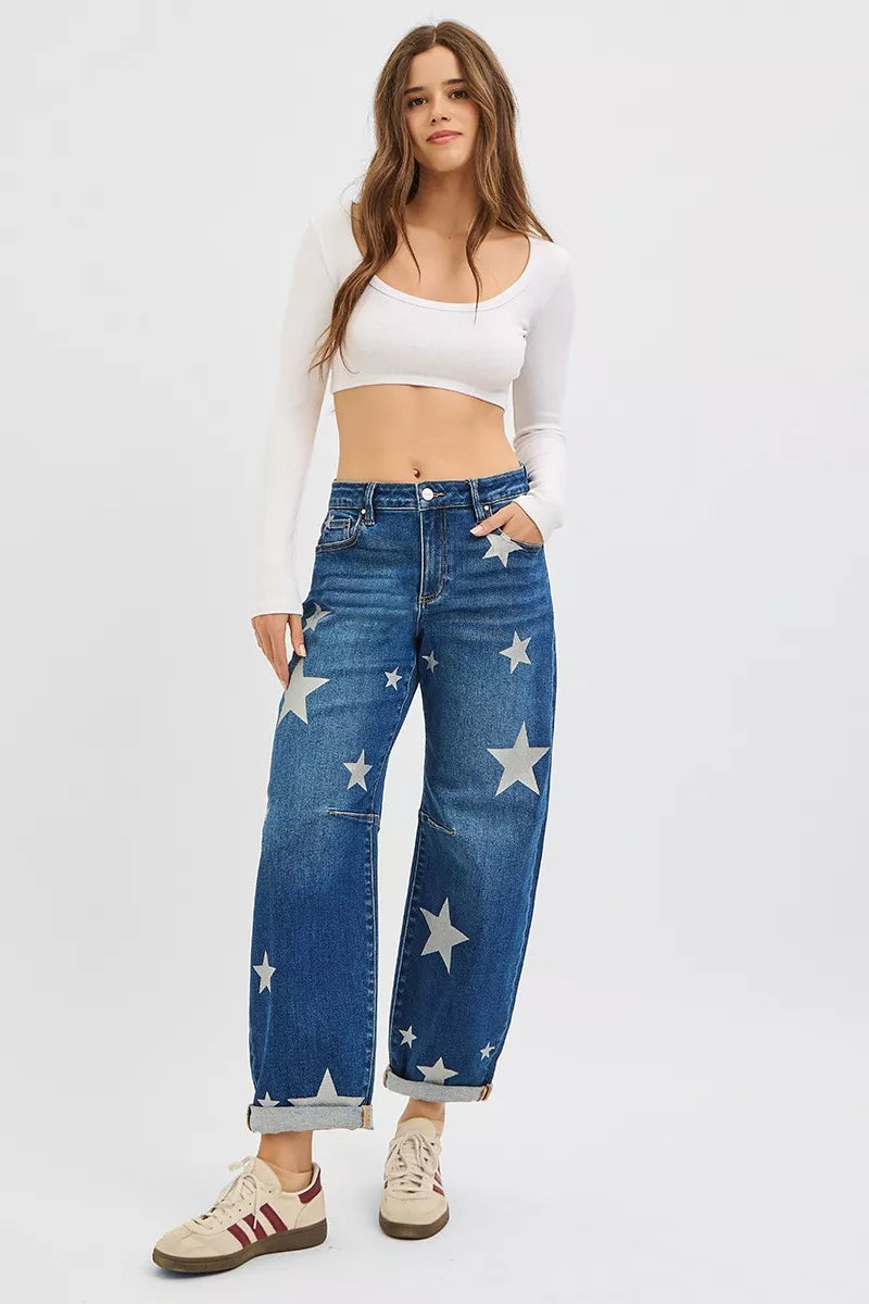 RISEN Mid Rise Ankle Length Relaxed Barrel Star Printed Jeans