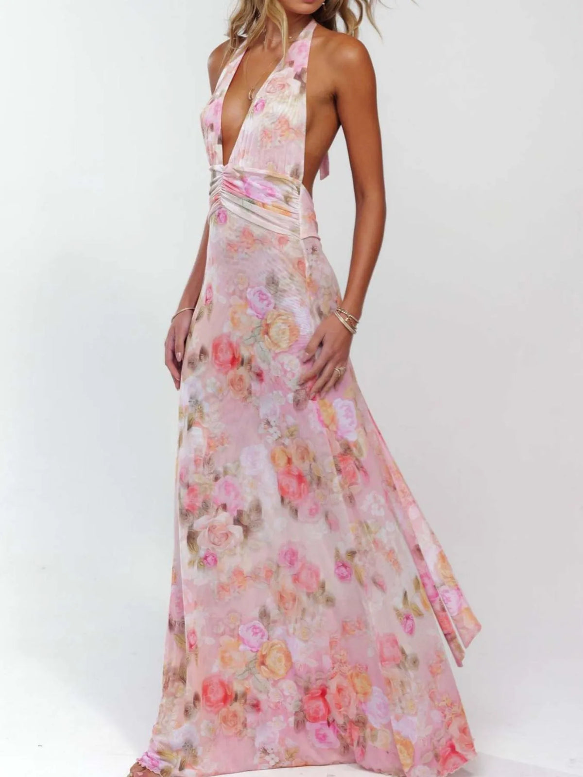 Floral Halter Neck Deep V Maxi Dress