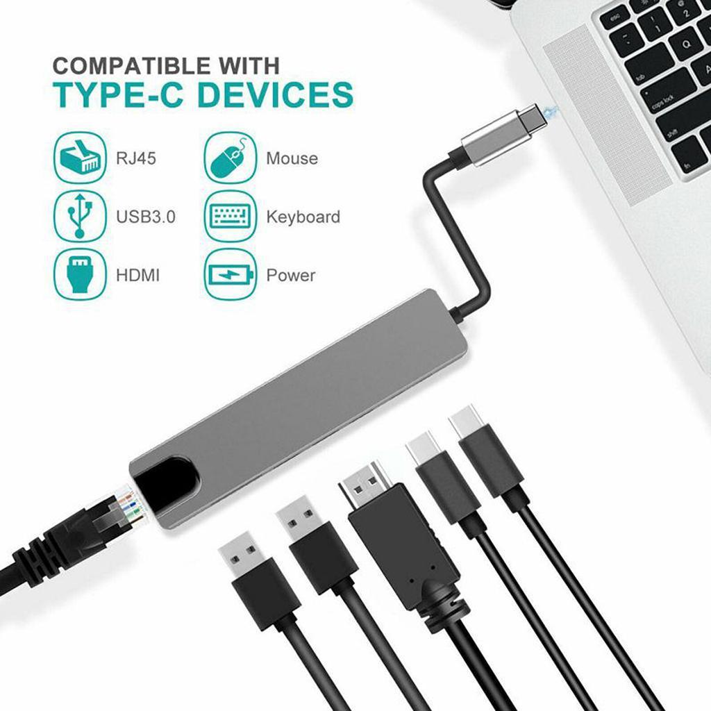 Type C 6-in-1 Hub: HDMI, USB3.0, PD, RJ45 Adapter