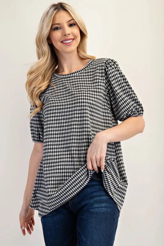 Celeste Full Size Gingham Print Top With Puff Sleeves Plus Size