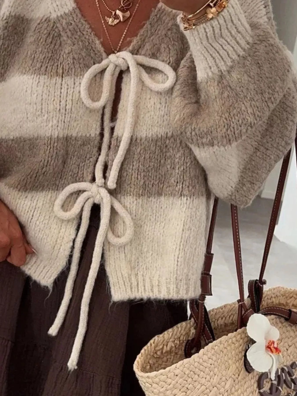 Striped Tie-Front Knit Cardigan