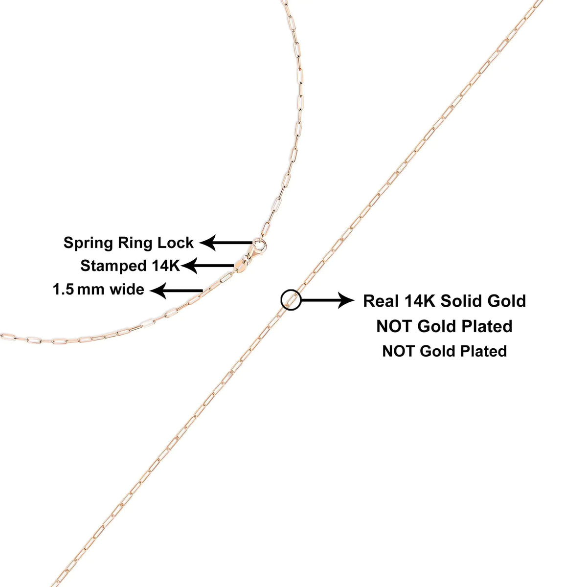 Unisex Solid 14K Gold 1.5mm Paperclip Chain Necklace - Length