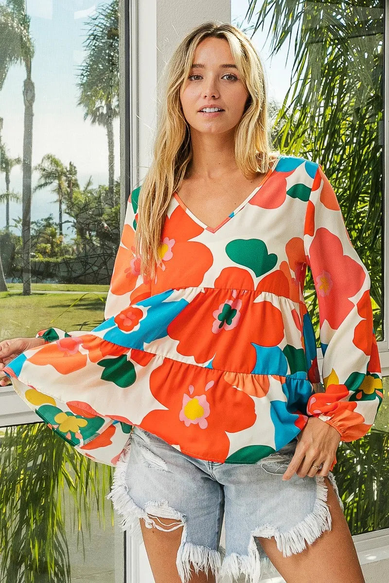 BiBi Floral Woven Tiered V Neck Top