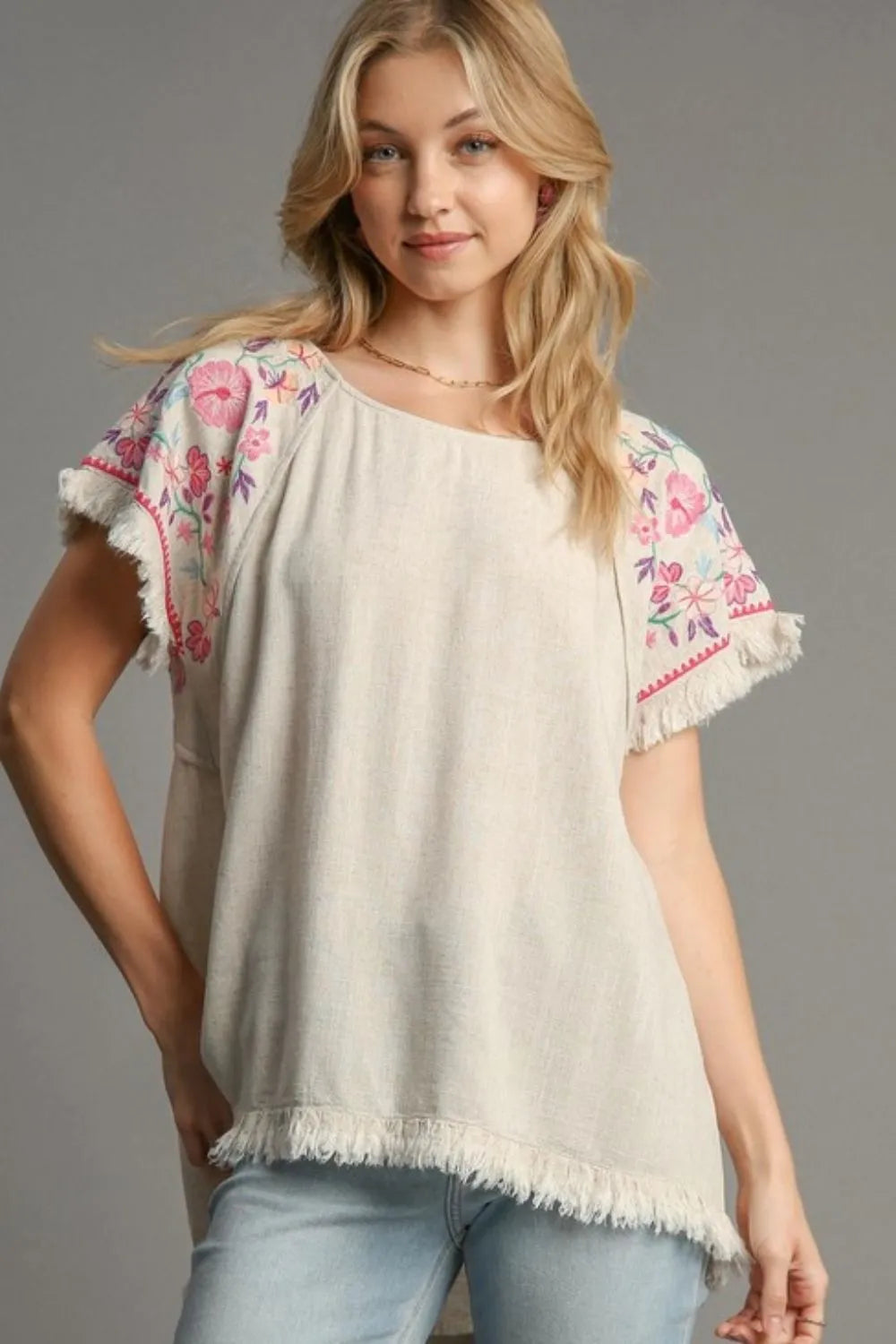 Umgee Full Size Linen Round Neck High Low Hem Frayed Top Plus