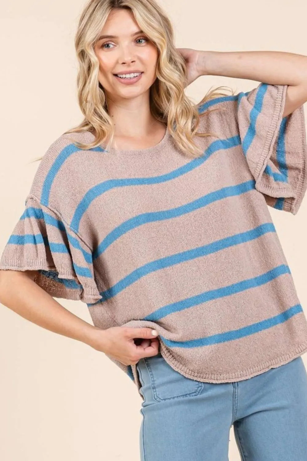 Mittoshop Striped Flounce Sleeve Knit Top