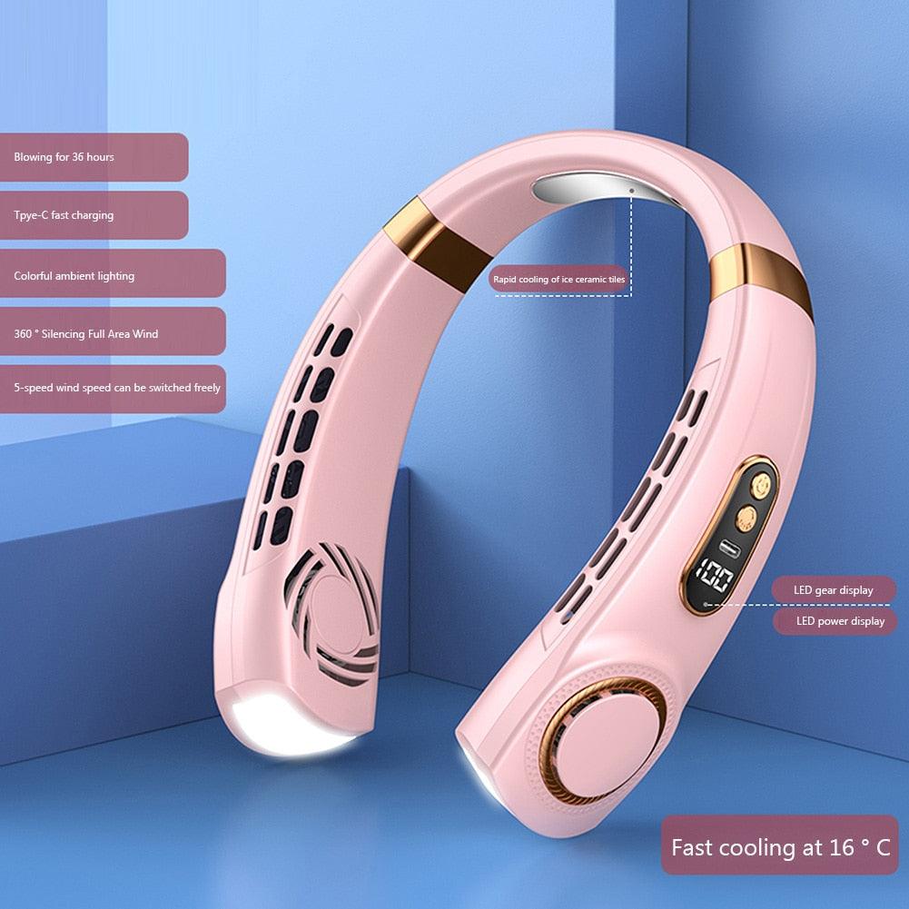 4000mAh Hanging Neck Fan USB Handheld Mute LED Digital Display Leafless Mini Electric Fan with LED Light 5 Gear Air Cooling Fans Digital Display Leafless Mini Electric Colorful Gear 5th Fan