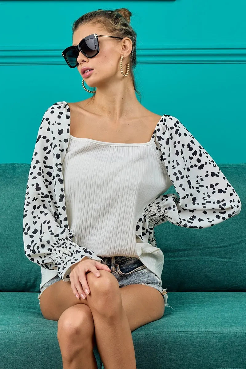 BiBi Ribbed Top with Leopard Long Sleeves