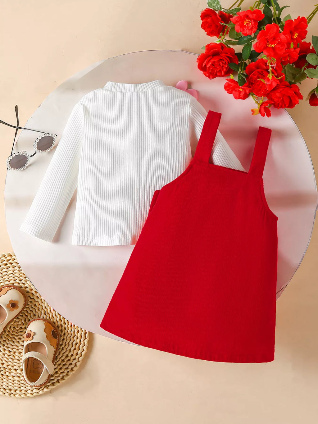 Children'S Heart Decor Corduroy Overall Dress & Ribbed Top Set