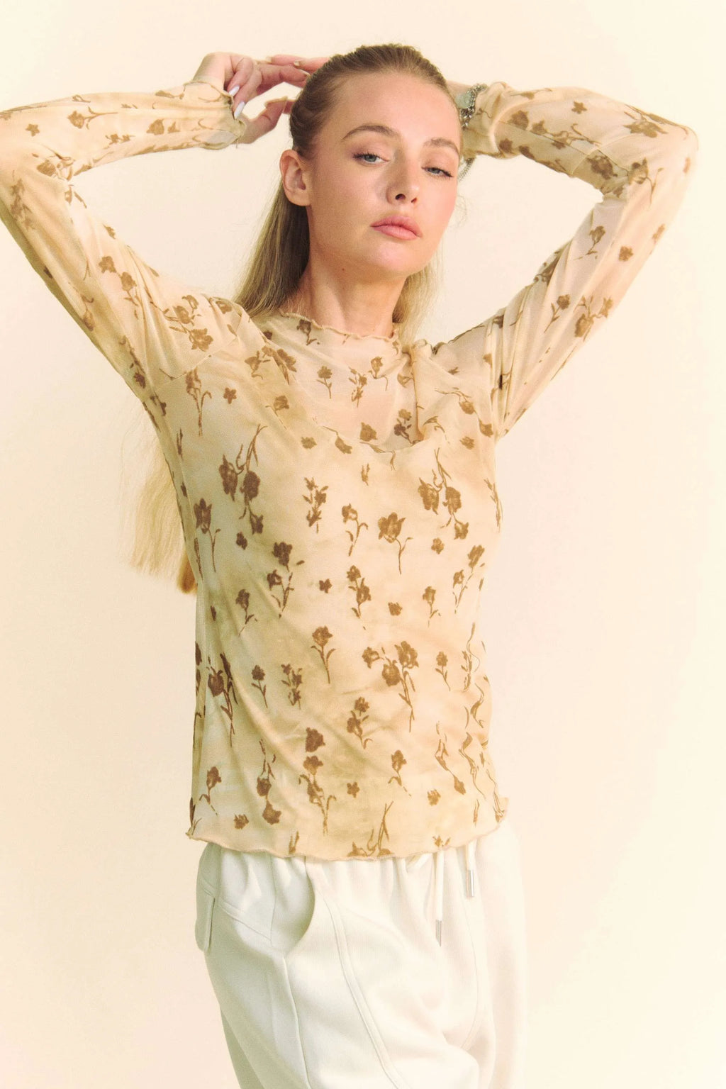 Davi & Dani Floral Mesh Long Sleeve Sheer Layering Top
