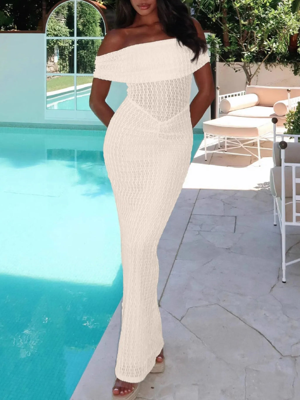 Off Shoulder Texture Maxi Dress