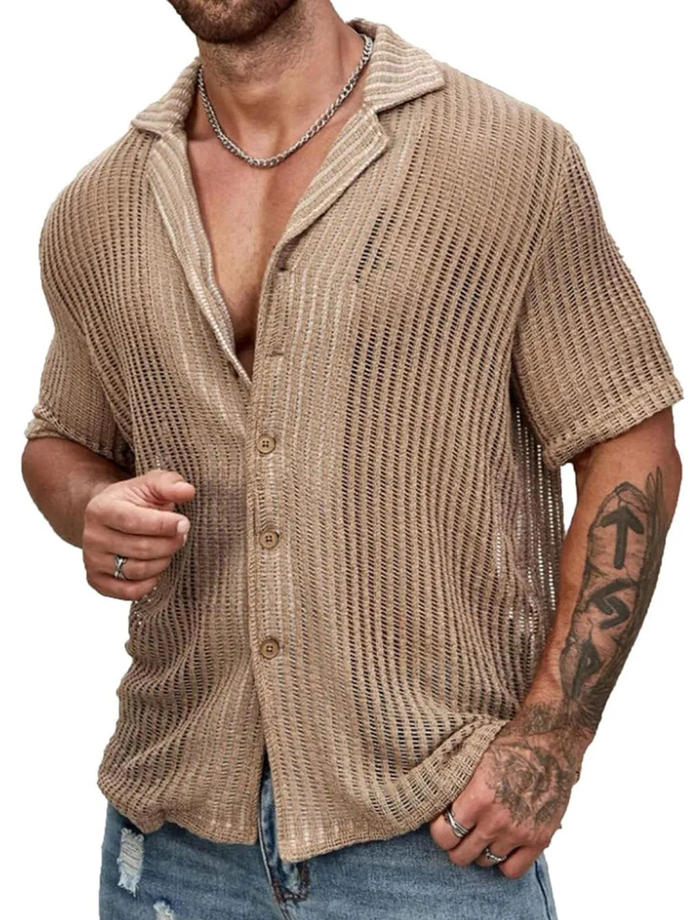 Men's Full Size Openwork Button Down Short Sleeve Shirt Plus Size