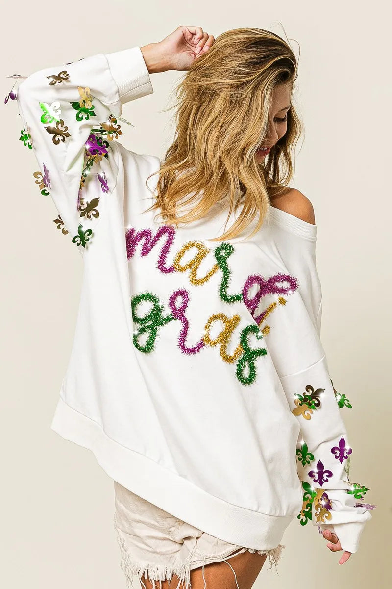 BiBi Fleur De Lis Sleeve Mardi Gras Pullover