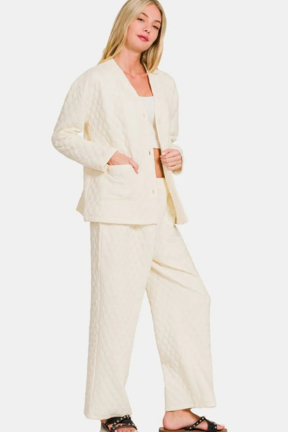 Zenana Quilted Button Up Long Sleeve Top And Pants Lounge Set