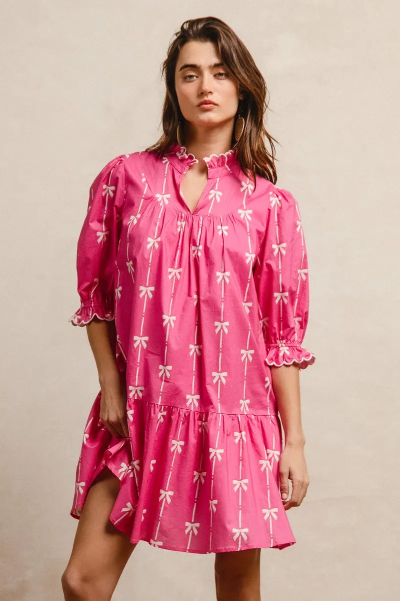 BiBi Ribbon Patterns With Scallops Edge Details Short Sleeve Dress