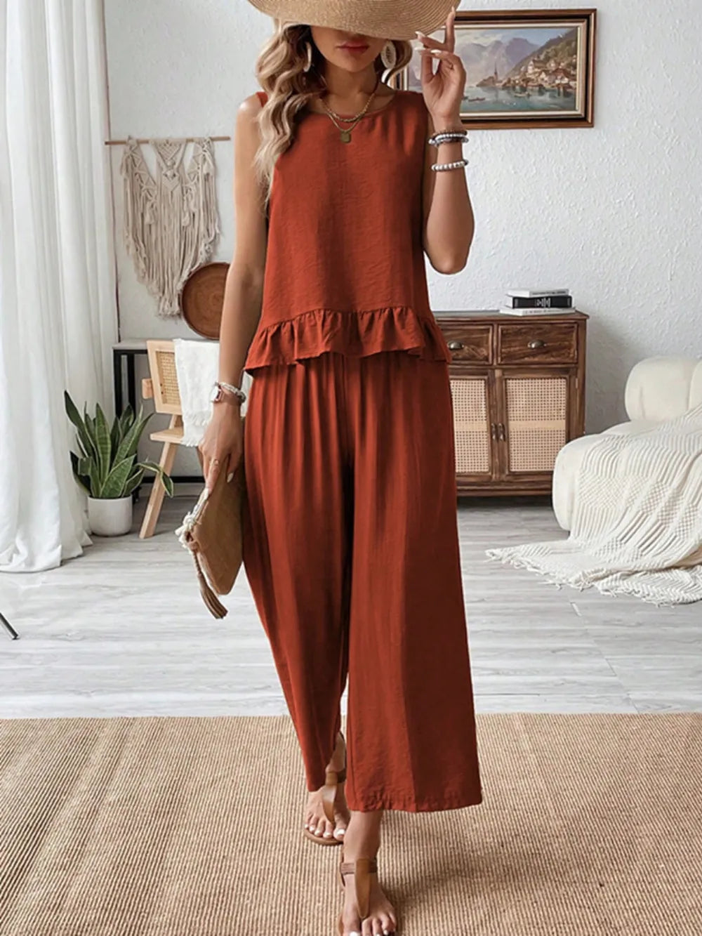 Ruffled Round Neck Top and Wide Leg Pants Set