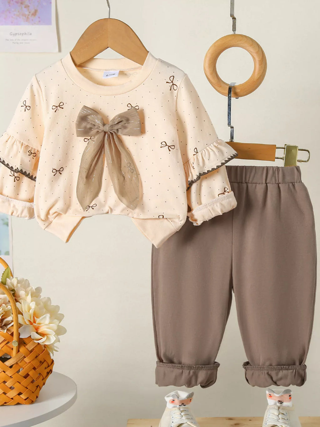 Children's Bowknot Ruffle Sleeve Top and Pants Set